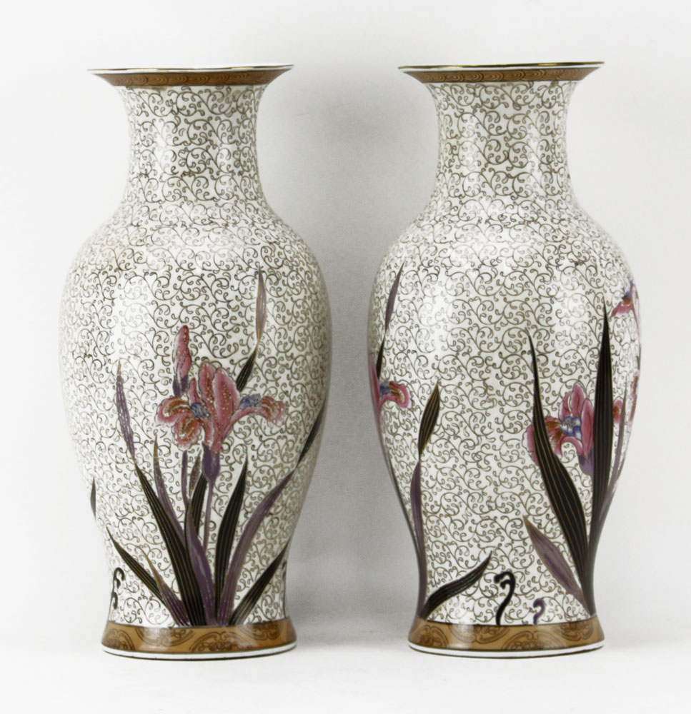 Pair of 20th Century Chinese Faux Cloisonné Porcelain Baluster Vases with Iris Decoration