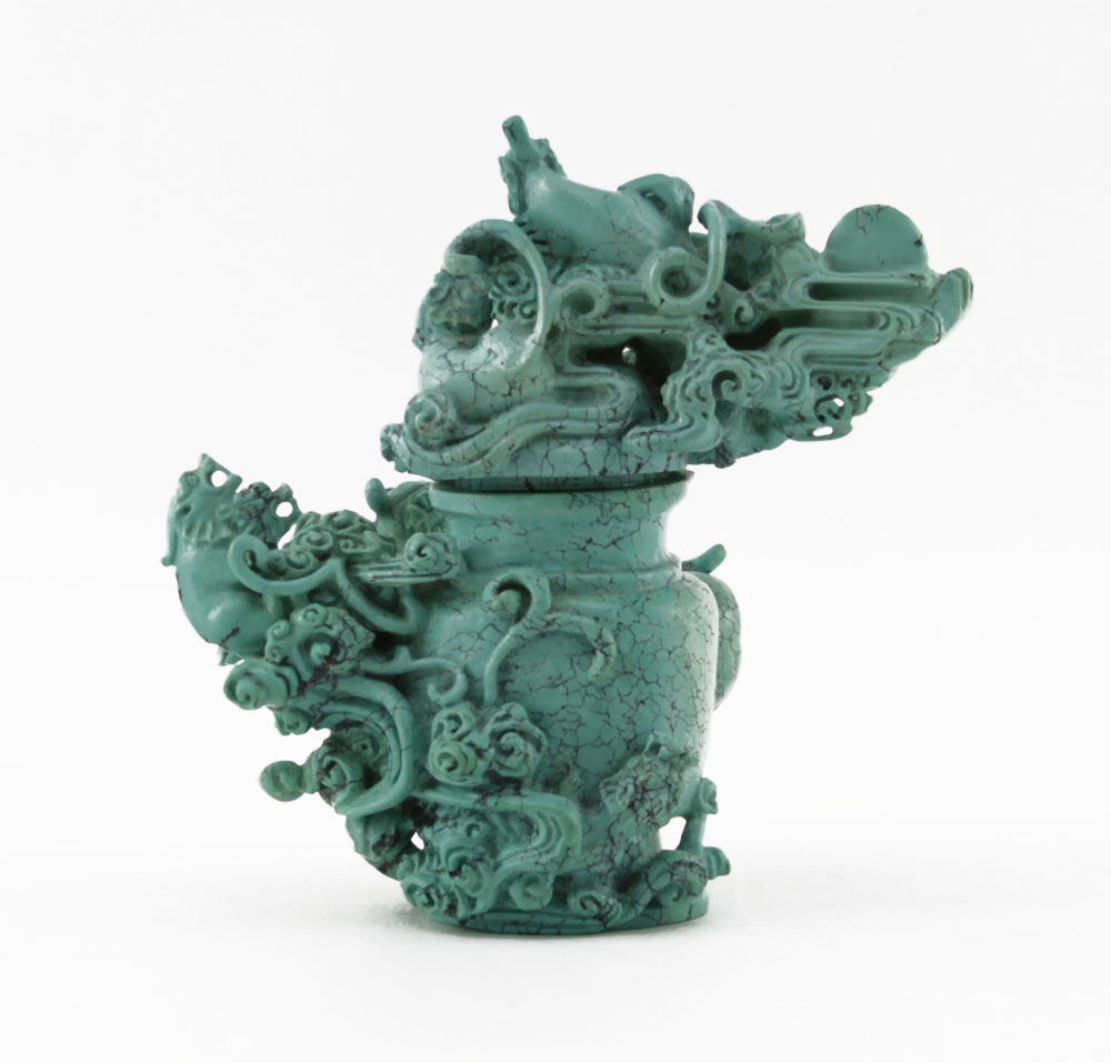 Chinese Hand Carved Turquoise High Relief Dragons Covered Censer