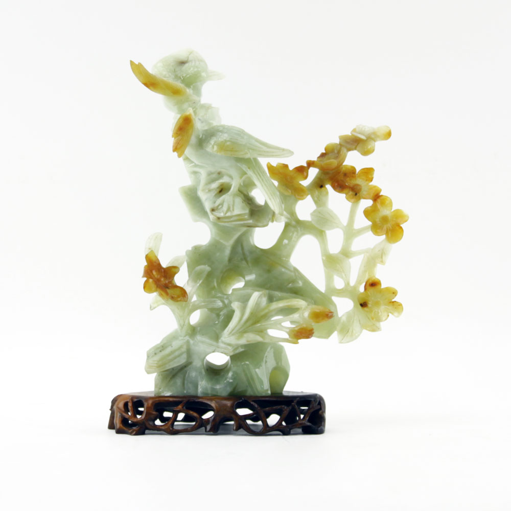 Chinese Carved Light Jade Bird Group on Wooden Stand