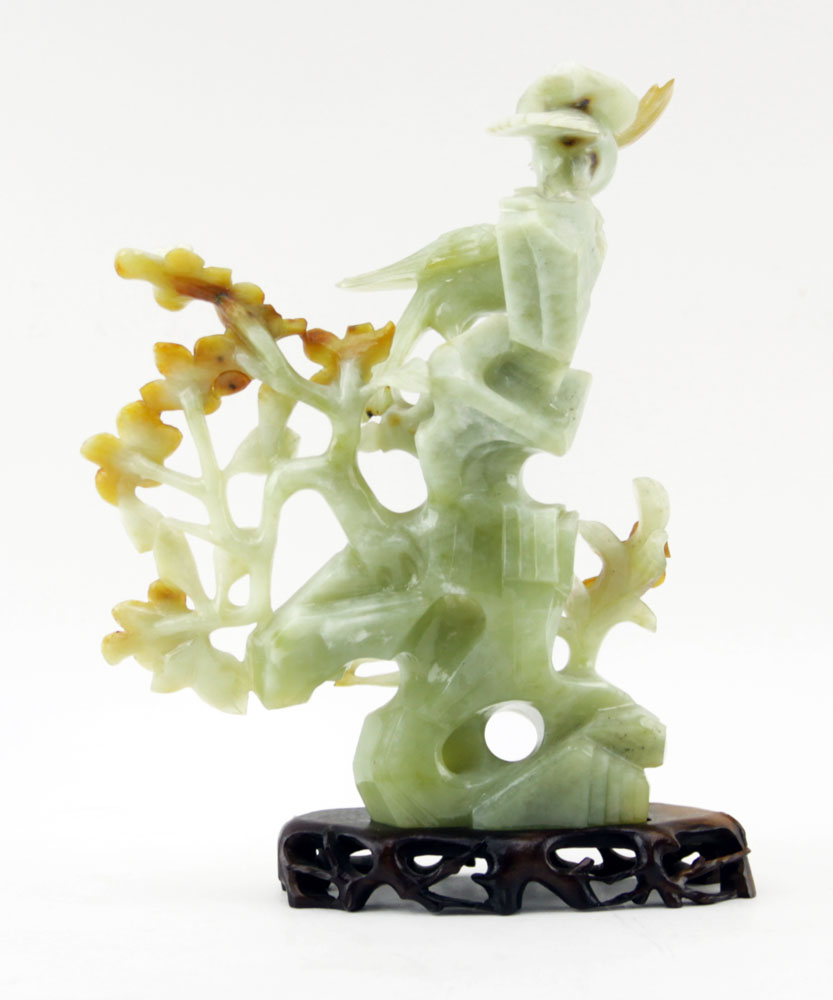 Chinese Carved Light Jade Bird Group on Wooden Stand