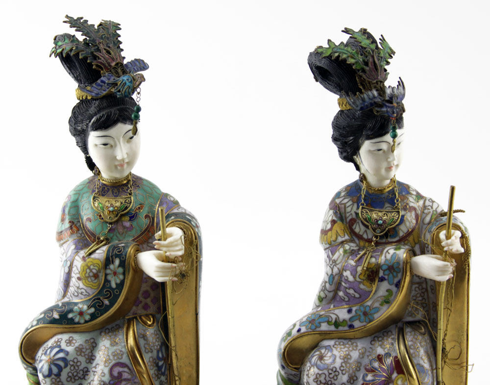 Pair of 20th Century Japanese Cloisonné and Ivory Geisha Figurines on Wooden Base
