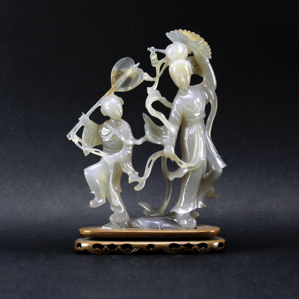 Chinese Natural Agate Grouping of Dancers on Wooden Stand