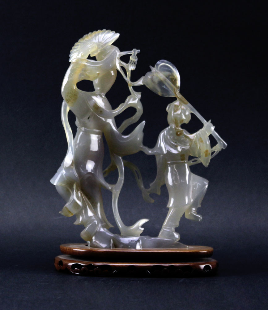 Chinese Natural Agate Grouping of Dancers on Wooden Stand