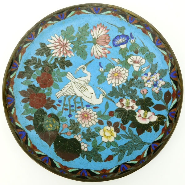Antique Japanese Cloisonne Dish With Bird and Flower Motif