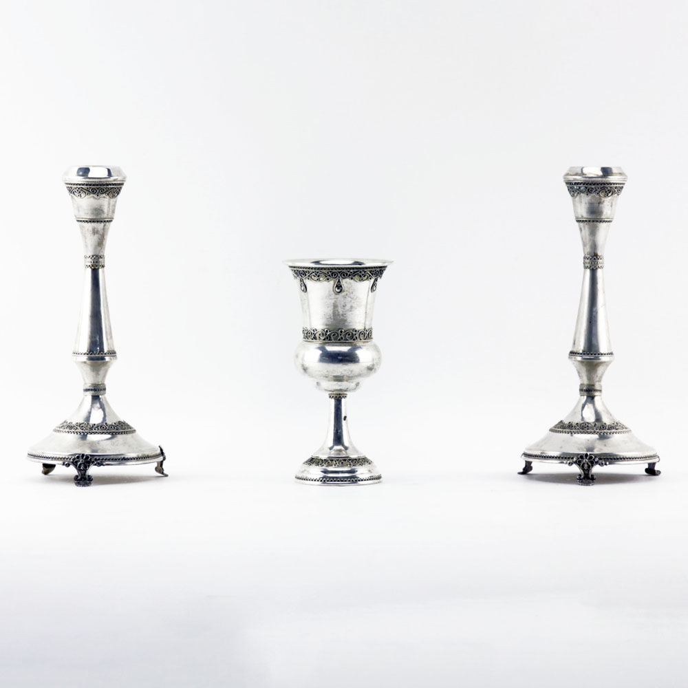 Grouping of Zadok Sterling Silver Filigree Candlesticks and Kiddush Cup