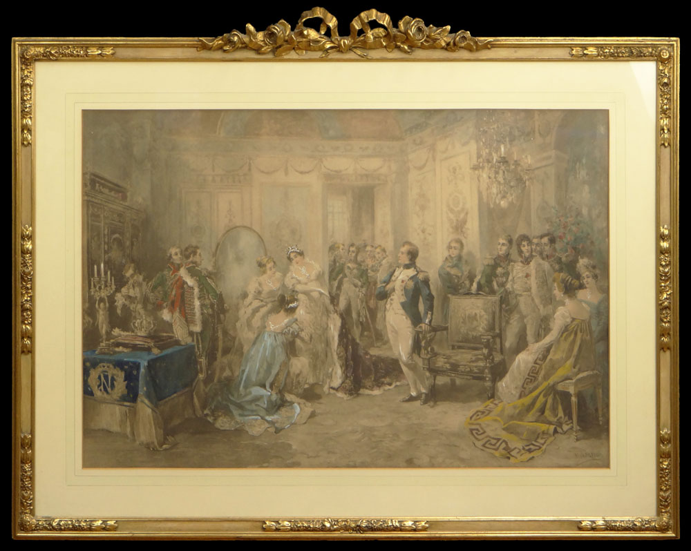 after: Vincente De Garcia Paredes, Spanish (1845- 1903) Hand Colored Lithograph "In the Parlor with Napoleon" in Carved Gilt Frame