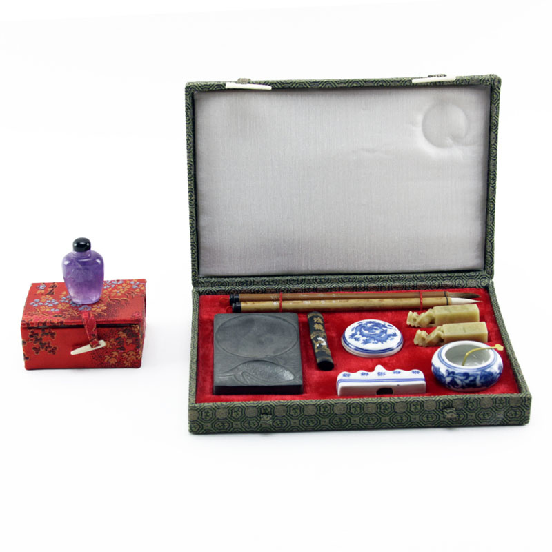 Grouping of Amethyst Snuff Bottle and Calligraphy Brush Writing Set