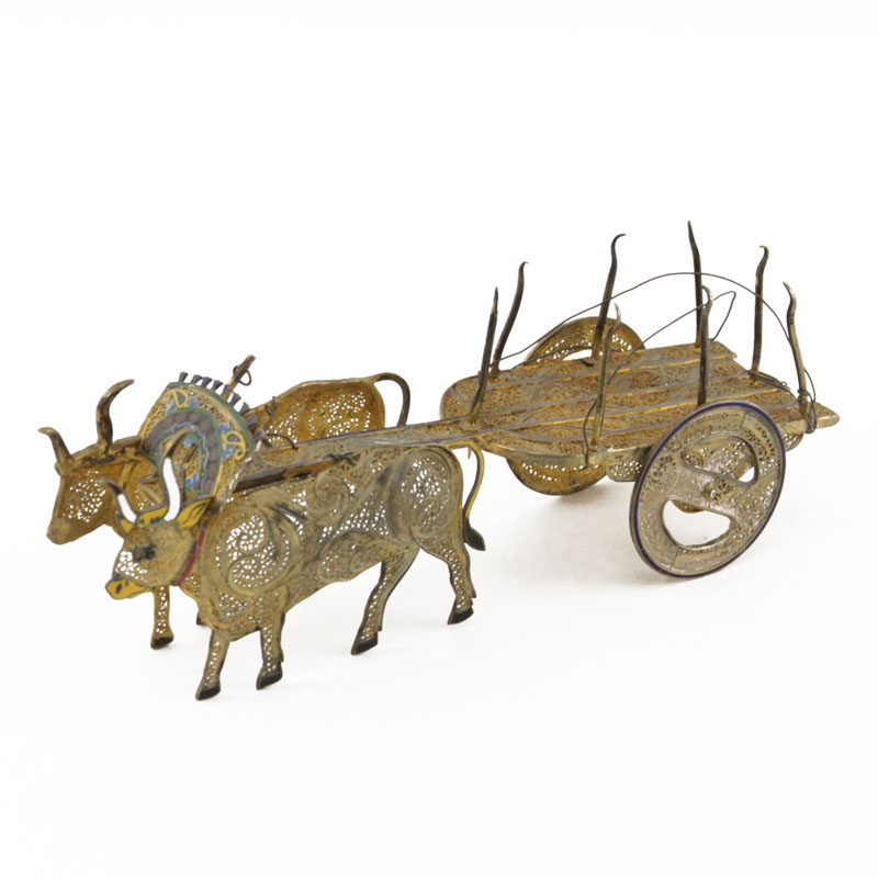 Vintage Topazio Portugal Miniature Sterling Silver and Enamel Bull-Drawn Carriage