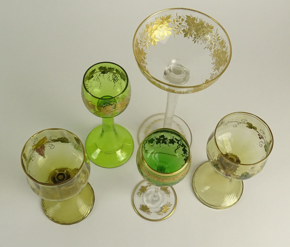 Lot of Five (5) Hand Painted Vintage German Roemer Goblets