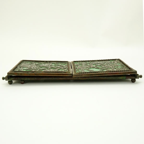 Arts and Crafts Period Possibly Apollo, Tiffany Style Bronze and Glass "Grapevine" Expandable Book Holder