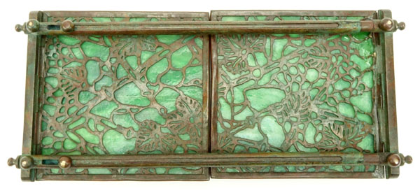 Arts and Crafts Period Possibly Apollo, Tiffany Style Bronze and Glass "Grapevine" Expandable Book Holder