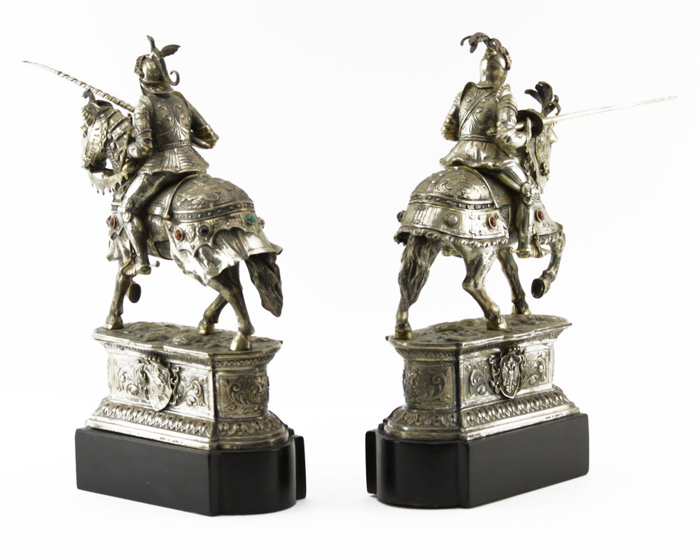 Pair German Sterling Silver Armored Knights on Horseback Figures