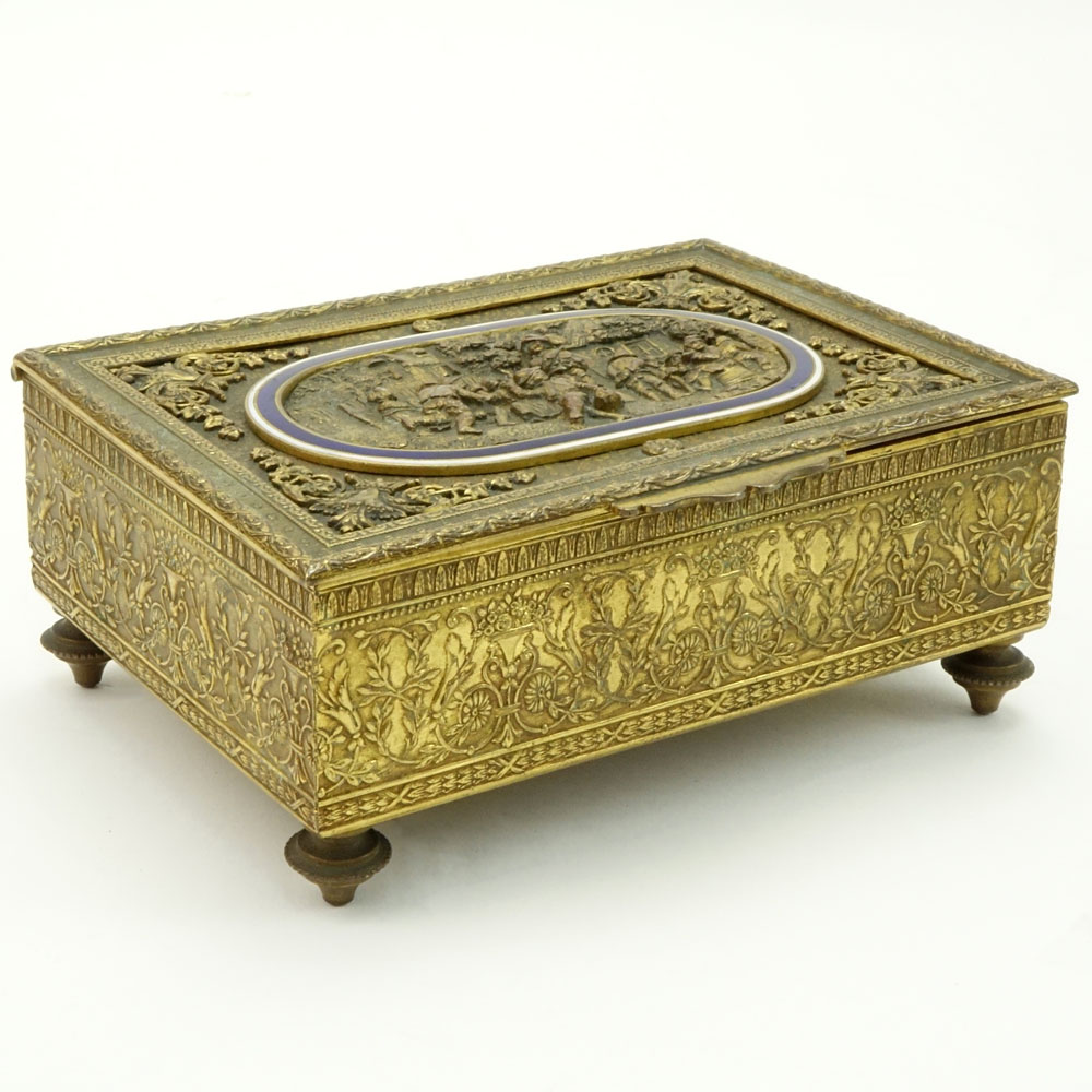 Antique French Dore Bronze Champleve Enamel High Relief Trinket Box