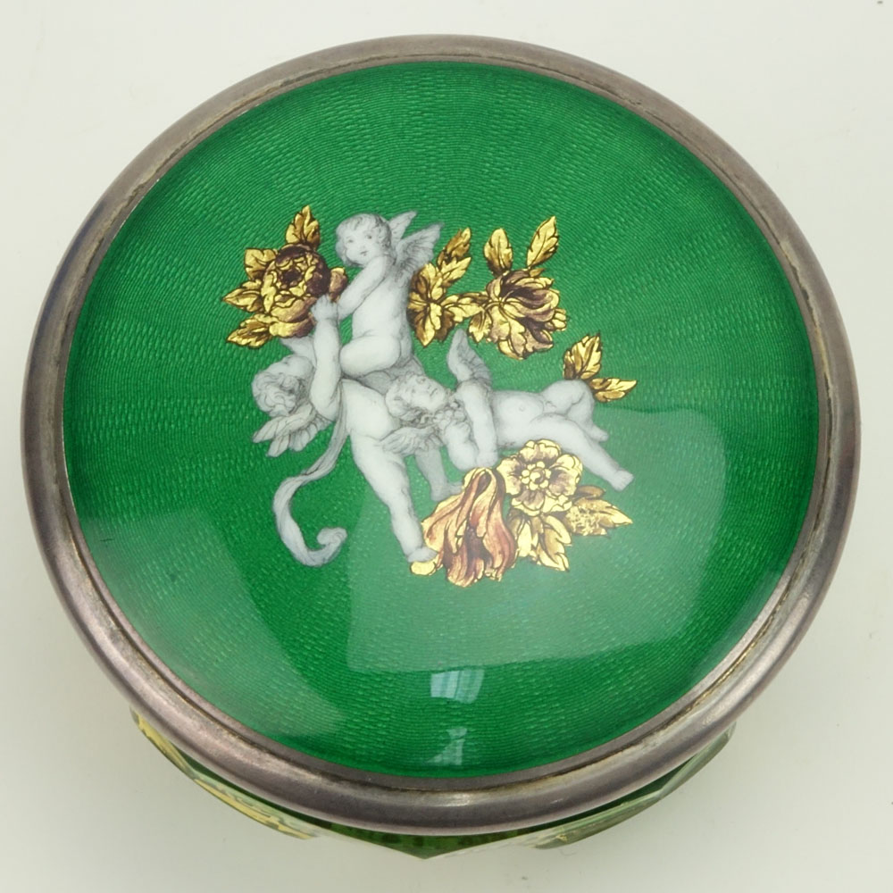Antique Austrian Guilloche Enamel Sterling Silver and Green to Clear Glass Powder Box