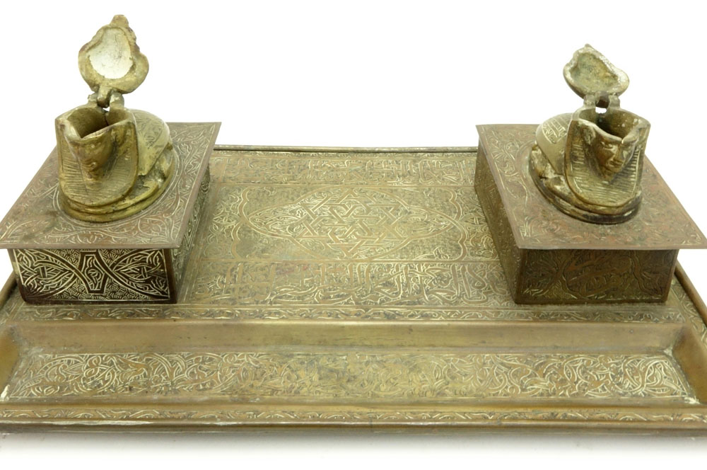 Vintage Three (3) Piece Egyptian Revival Islamic Repousse Brass Inkwell/Desk Set
