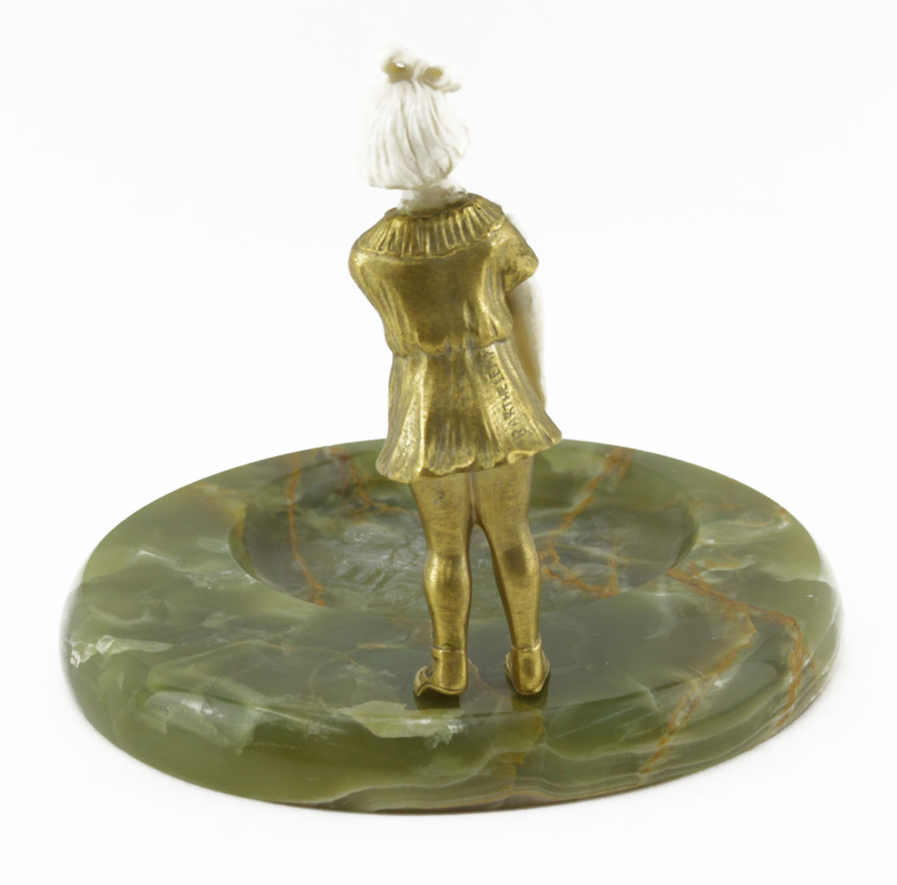 Art Deco Onyx Ashtray with Gilt Bronze and Ivory Young Girl