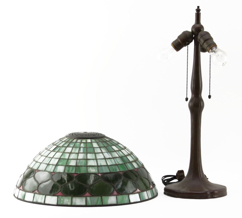 Handel Patinated Bronze Lamp with Leaded Glass Shade