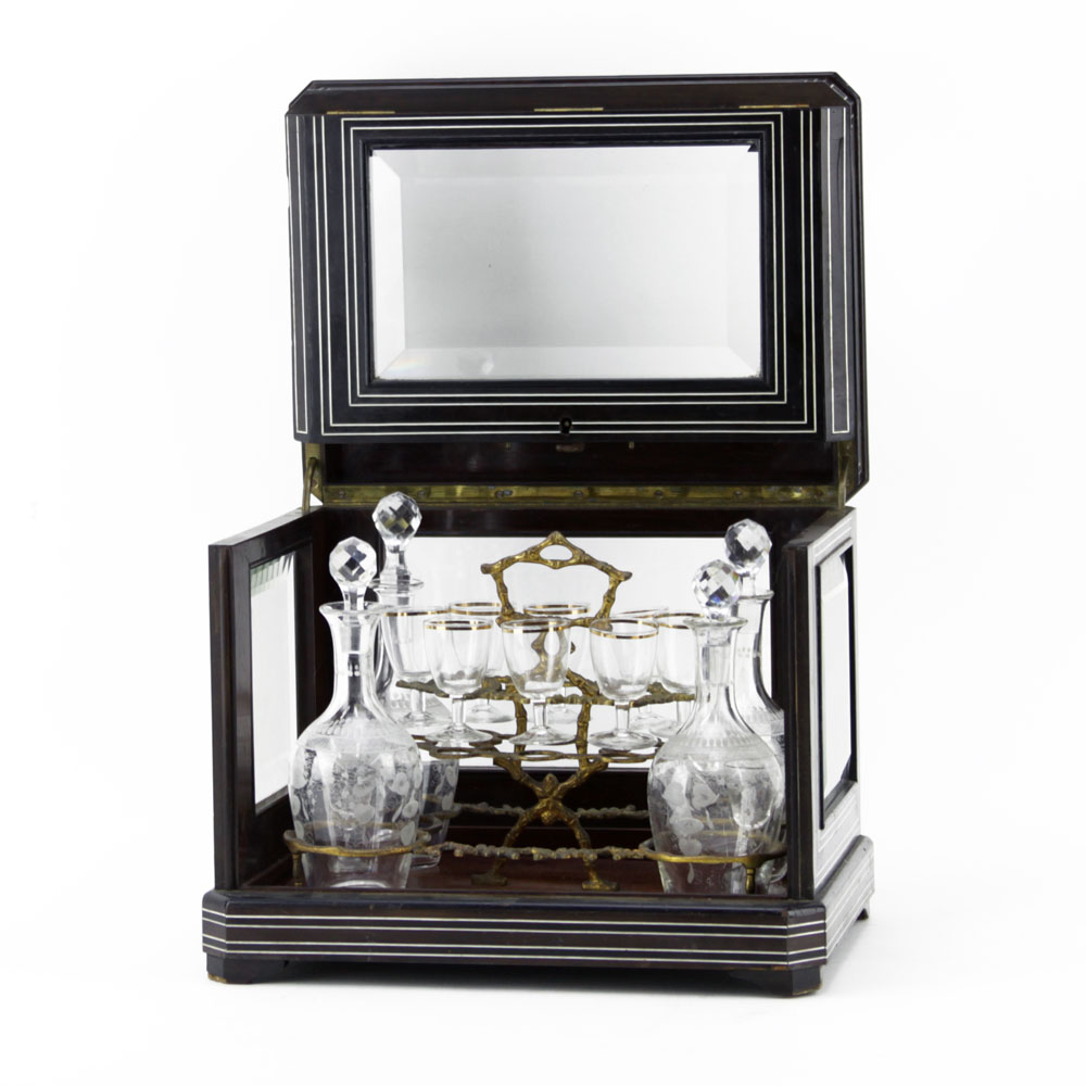 Antique Inlaid Wood  Beveled Glass Tantalus Box Set with Liquor Set