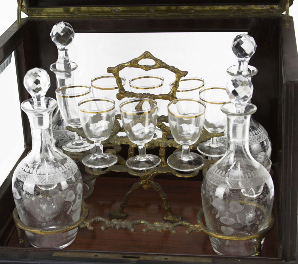 Antique Inlaid Wood  Beveled Glass Tantalus Box Set with Liquor Set