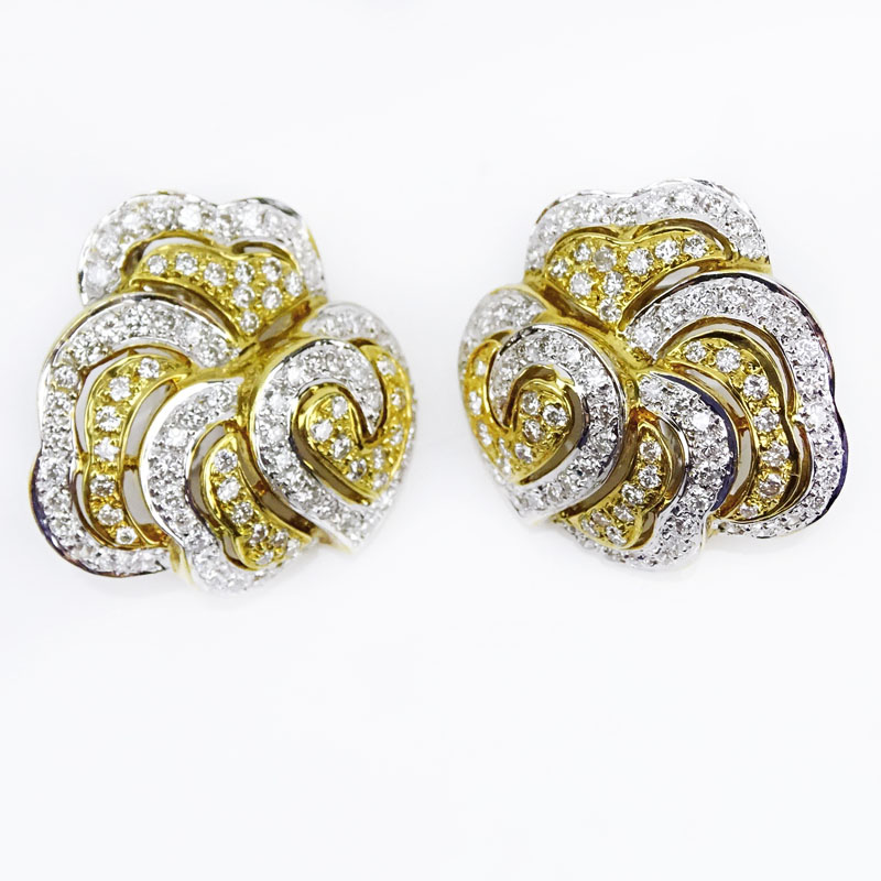 3.50 Carat Pave Set Round Brilliant Cut Diamond and 18 Karat Yellow and White Gold Earrings.