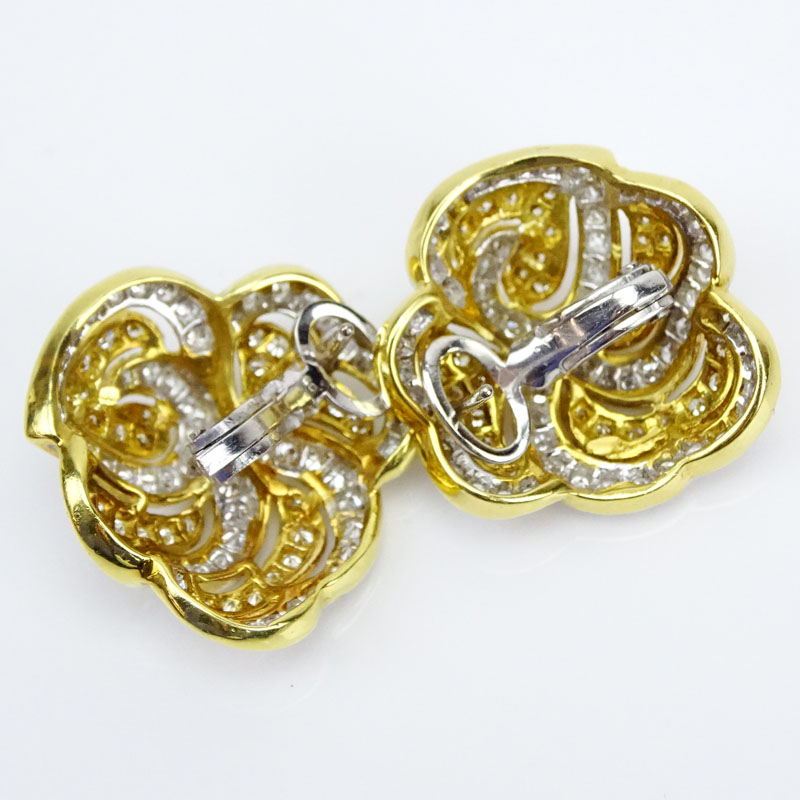 3.50 Carat Pave Set Round Brilliant Cut Diamond and 18 Karat Yellow and White Gold Earrings.