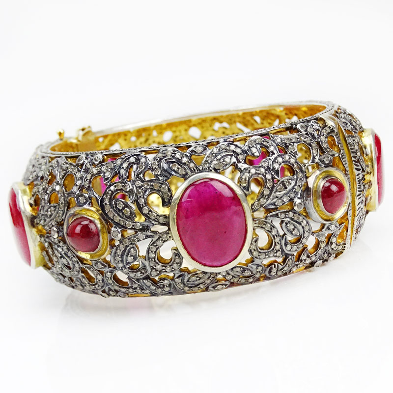 Cabochon Ruby, Bench and Rose Cut Diamond, 18 Karat Yellow Gold and Silver Bangle Bracelet