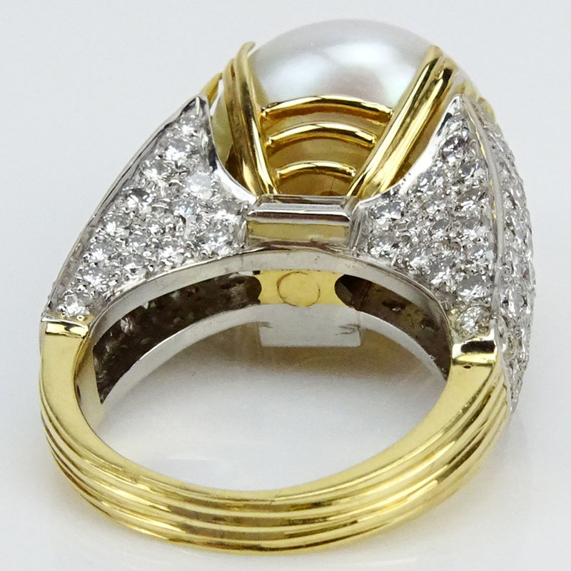 15.5mm South Sea Pearl, 4.0 Carat Pave Set Diamond and 18 Karat Yellow Gold Ring.