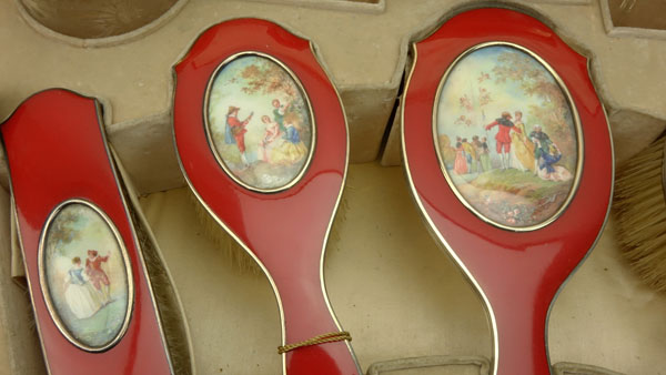 Cartier Enamel and Silver Vanity Set With Painted Scenes In The Style Of Watteau