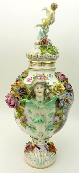 Antique Dresden German Hand Painted Porcelain Covered Urn