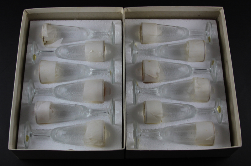 Set of Thirteen (13) Moser "Royal" Crystal Fluted Champagne Glasses in Original Boxes