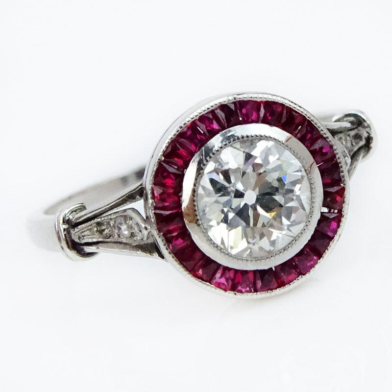 Art Deco Approx. .80 Carat European Cut Diamond, Caliber Cut Ruby and Platinum Engagement Ring. 