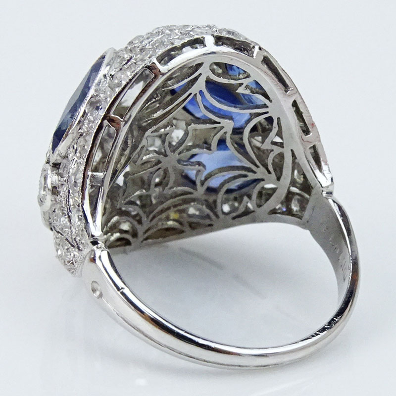 Art Deco Circa 1930 Approx. 2.50 Carat European Cut Diamond, 2.50 Carat Marquise Cut Sapphire and Platinum Ring
