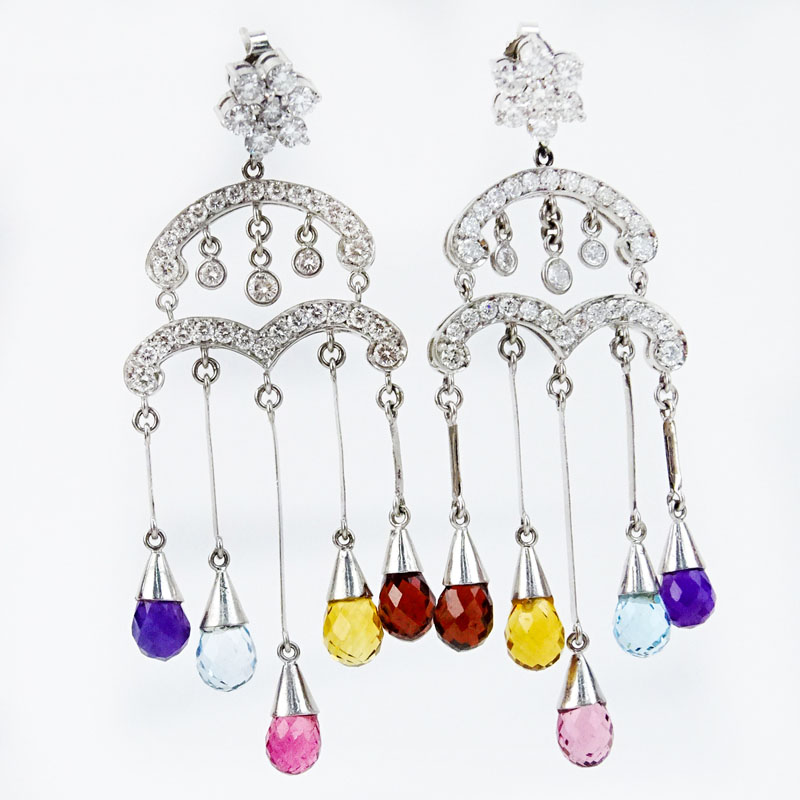 2.0 Carat Round Brilliant Cut Diamond, Multi Color Briolette Sapphires and 18 Karat White Gold Chandelier earrings