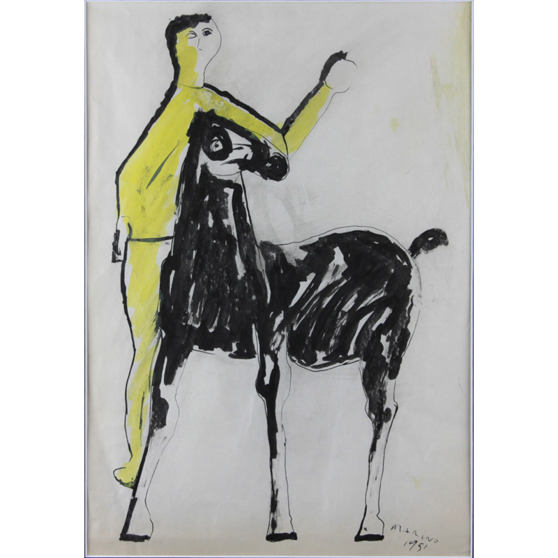 Marino Marini, Italian (1901-1980) Ink and gouache on paper "Man With Horse" Signed and dated 1951 lower right