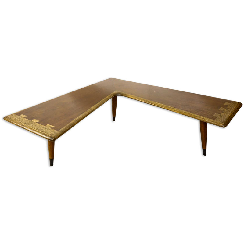Circa 1958 Andre Bus for Lane Acclaim Collection Walnut Boomerang Coffee Table with oversize dovetail joints