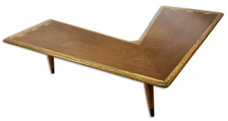 Circa 1958 Andre Bus for Lane Acclaim Collection Walnut Boomerang Coffee Table with oversize dovetail joints