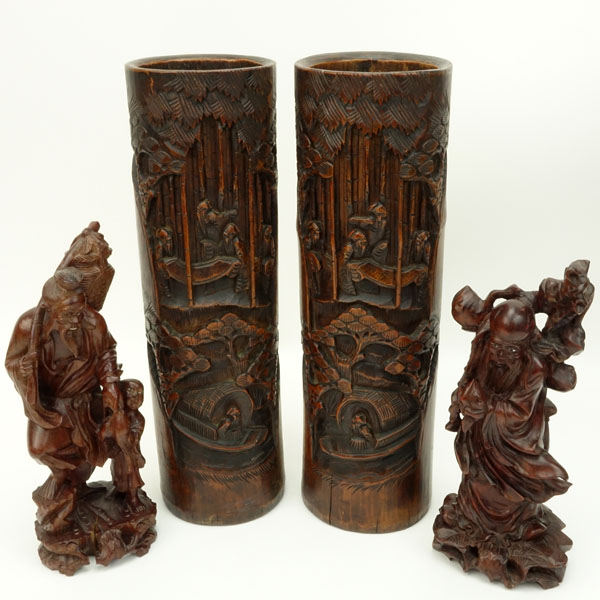 Four (4) Piece Chinese Carved Wood Vases and Figures Lot