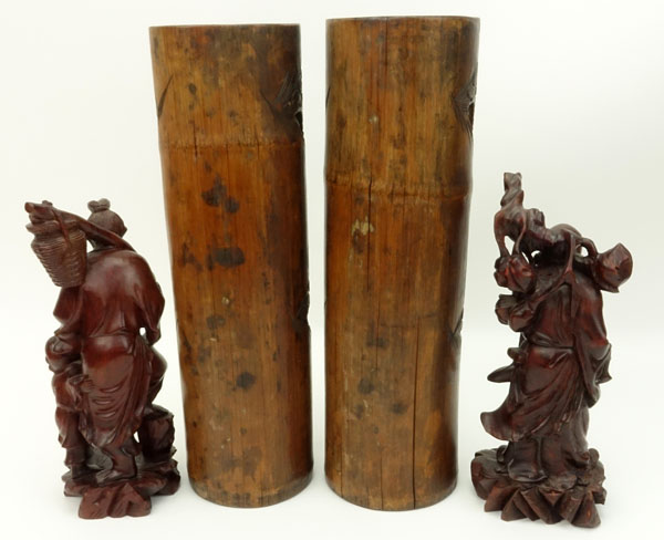 Four (4) Piece Chinese Carved Wood Vases and Figures Lot