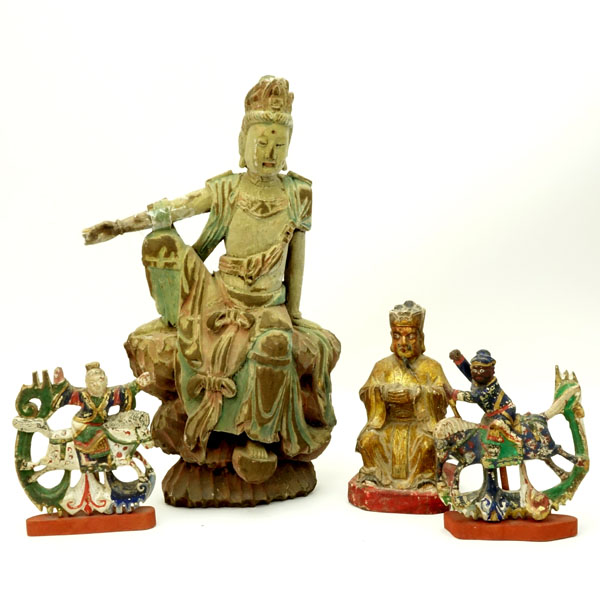 Lot of Four (4) Chinese Carved Wood Polychrome Figures