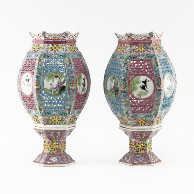 Pair Antique Chinese Famille Verte Enamel Porcelain Openwork Wedding Lanterns In Two Parts