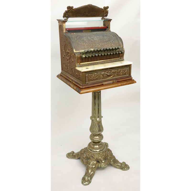 Antique Brass National Cash Register On Stand