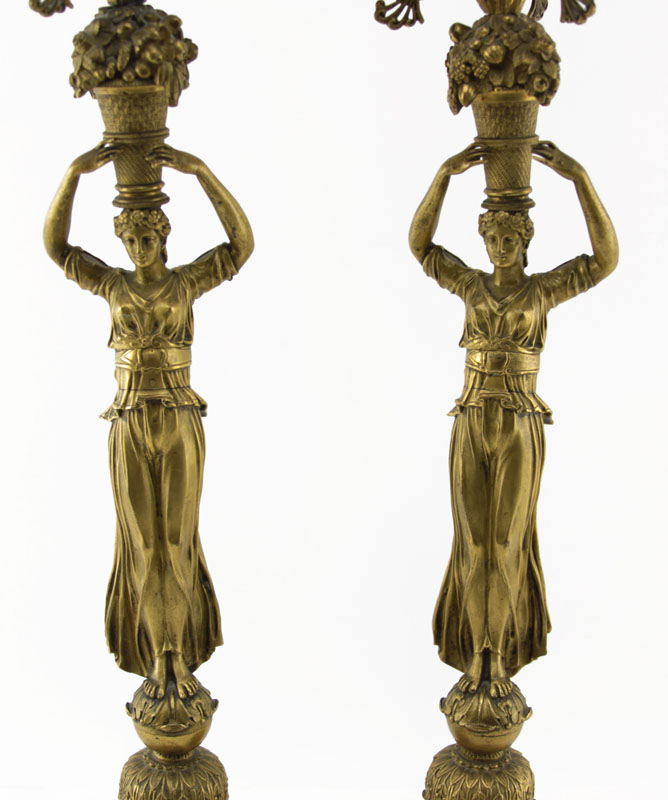 Pair of 19th Century French Empire Goddess Figural Gilt Bronze 3 Arm Candelabra