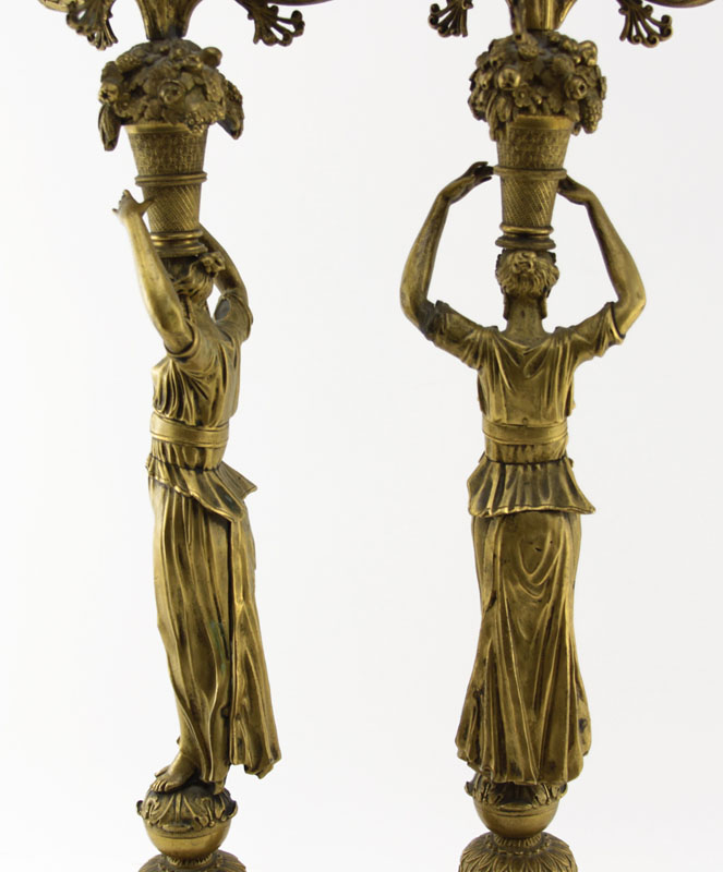 Pair of 19th Century French Empire Goddess Figural Gilt Bronze 3 Arm Candelabra