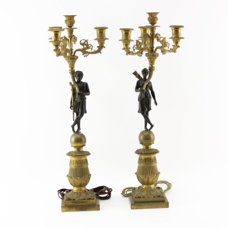 Pair of 19th Century French Empire Figural Gilt Bronze 3 Arm Candelabra