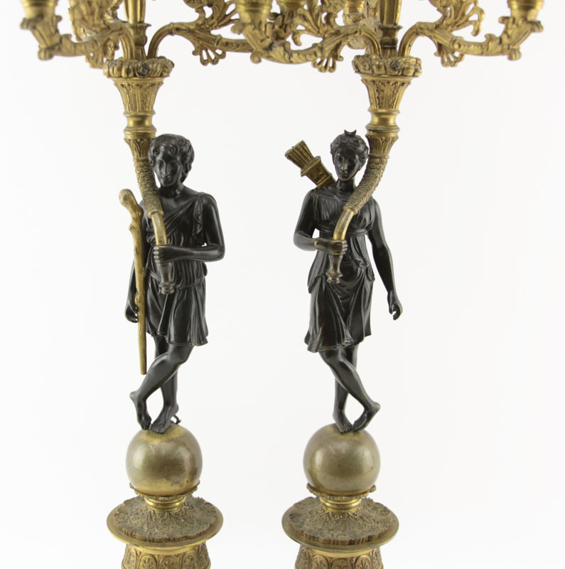 Pair of 19th Century French Empire Figural Gilt Bronze 3 Arm Candelabra