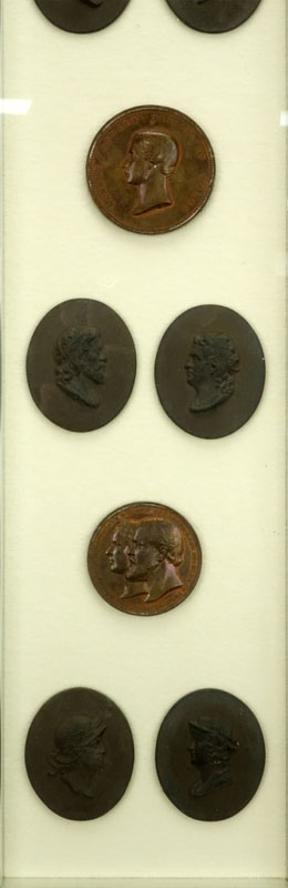Collection of Eleven (11) Antique or Vintage Bronze Medals and Basalt Figural Medallions in Shadowbox Frame