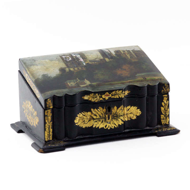 19th Century English Lacquered Wood and Hand Painted Tea Caddie