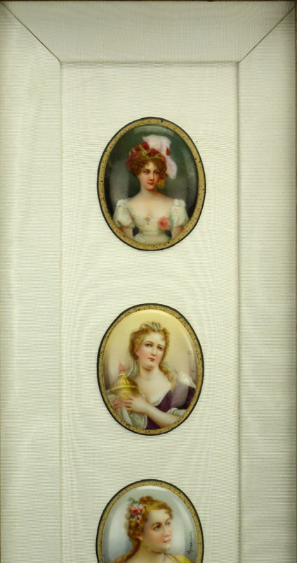 Collection of Four (4) 19/20th Century Hand Painted Porcelain Miniature Portraits in Shadowbox Frames