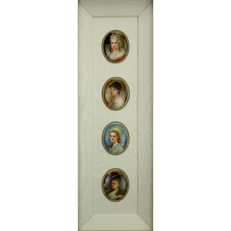 Collection of Four (4) 19/20th Century Hand Painted Porcelain Miniature Portraits in Shadowbox Frame