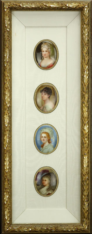 Collection of Four (4) 19/20th Century Hand Painted Porcelain Miniature Portraits in Shadowbox Frame
